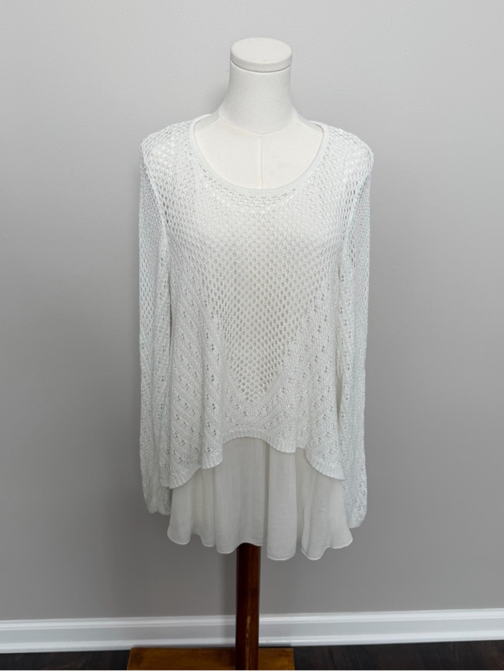 Anthropologie Top Sweater Tunic Open Knit Boho Cottagecore Prairie White XLP